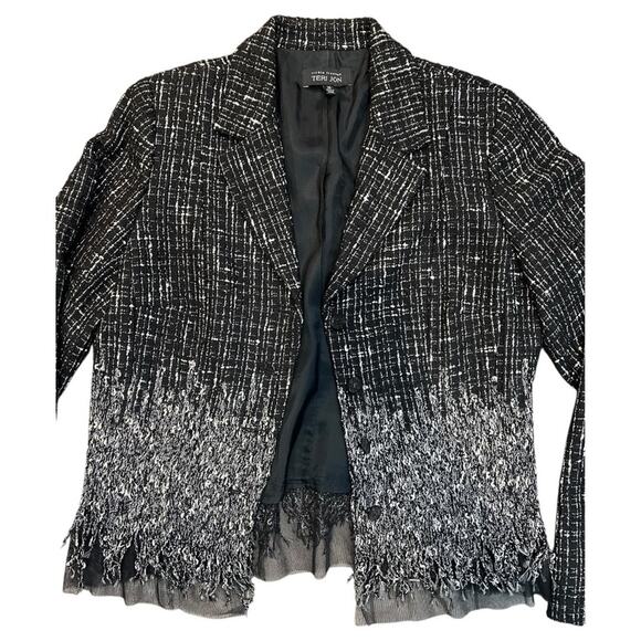 Rickie Freeman Teri Jon Tweed Black White Fringe wool blend Blazer Size 14 - Picture 6 of 16